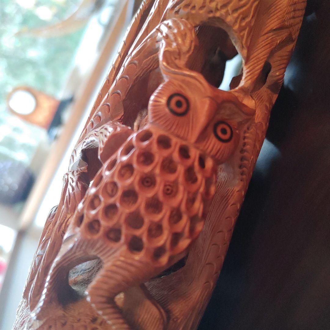 白檀フクロウの木彫り彫刻 約20cm