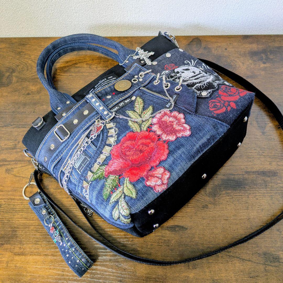 一点物 デニムリメイクバッグ 薔薇刺繍 スカル スタッズ 2way