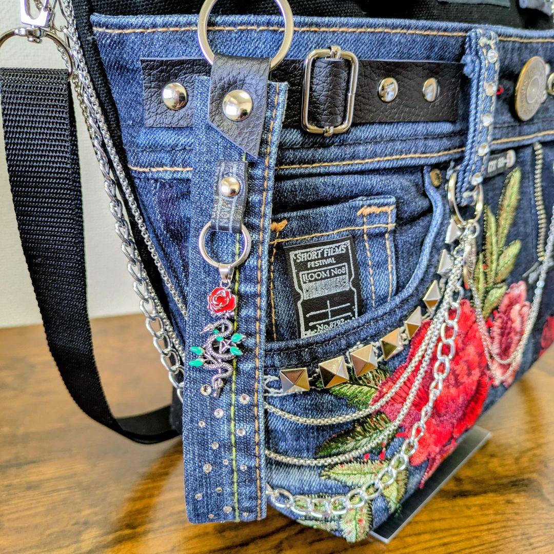 一点物 デニムリメイクバッグ 薔薇刺繍 スカル スタッズ 2way