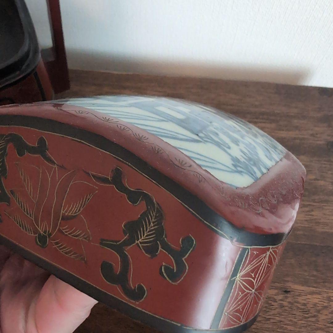 中国古玩　古染付上蓋　三段取手付重　漆器 菓子器・喰籠 古美術　骨董