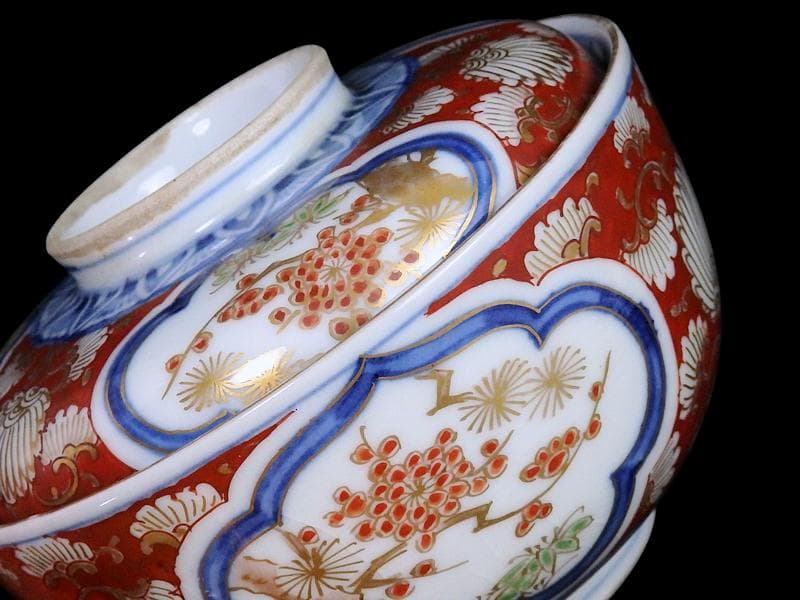 大聖寺伊万里　金襴手　窓絵　松竹梅の図　大振蓋茶碗　B094AS-DCc