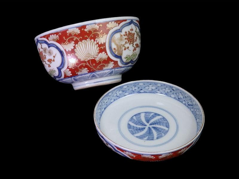 大聖寺伊万里　金襴手　窓絵　松竹梅の図　大振蓋茶碗　B094AS-DCc