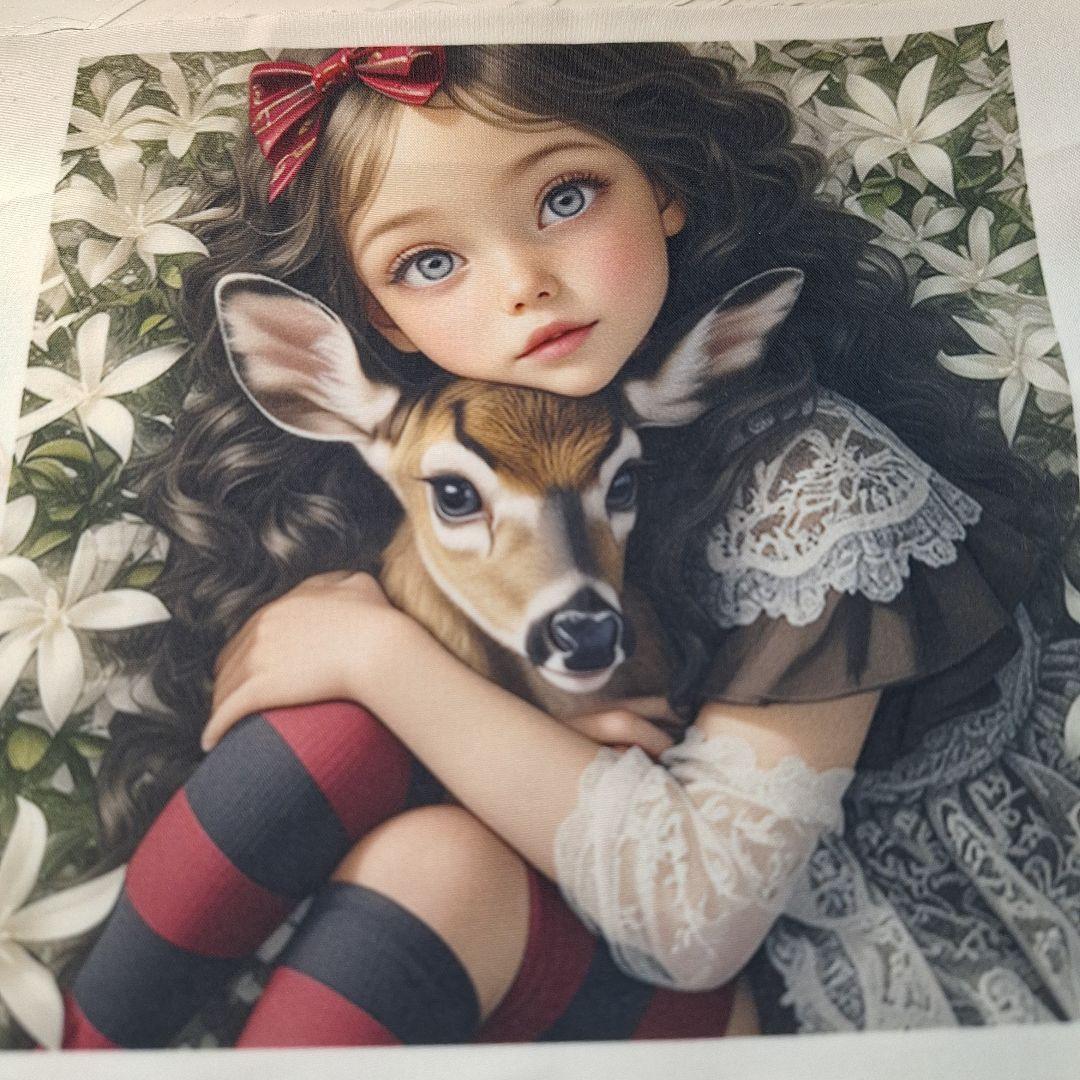 女の子とねこ　女の子とバンビパネル生地　ハンドメイド