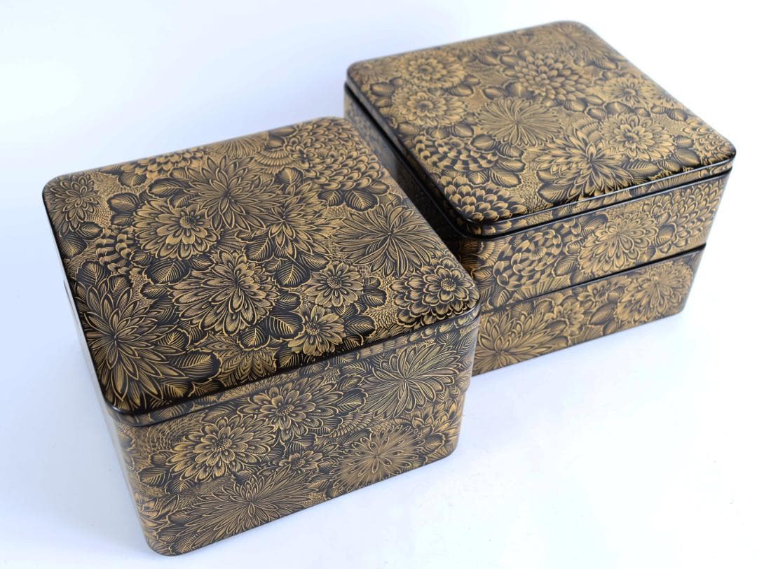 茶道具 輪島塗 総菊沈金蒔絵 四段重 重箱 共箱