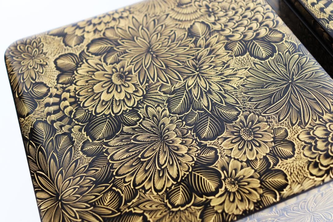 茶道具 輪島塗 総菊沈金蒔絵 四段重 重箱 共箱