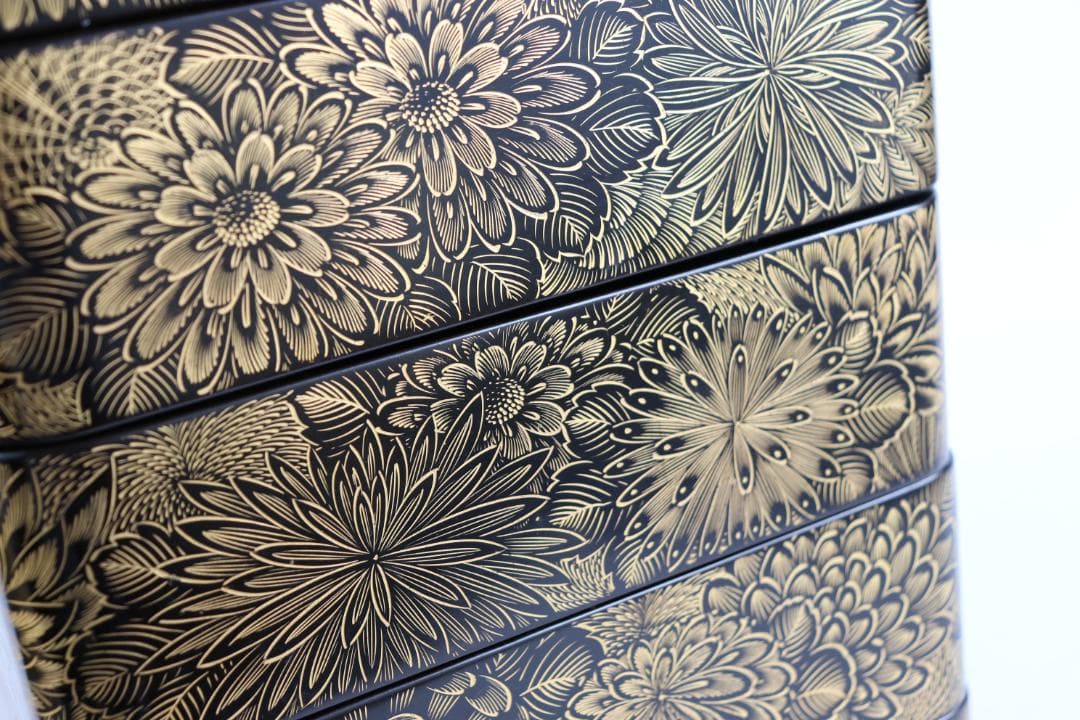 茶道具 輪島塗 総菊沈金蒔絵 四段重 重箱 共箱