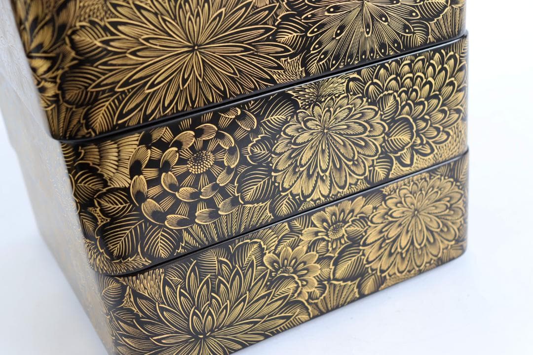 茶道具 輪島塗 総菊沈金蒔絵 四段重 重箱 共箱
