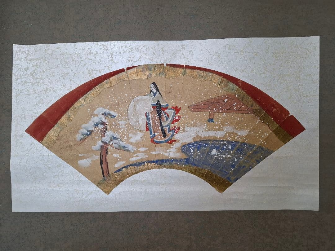 冬のお茶席床飾り　掛け軸　宮女雪達磨之図　扇面日本画　木箱なし