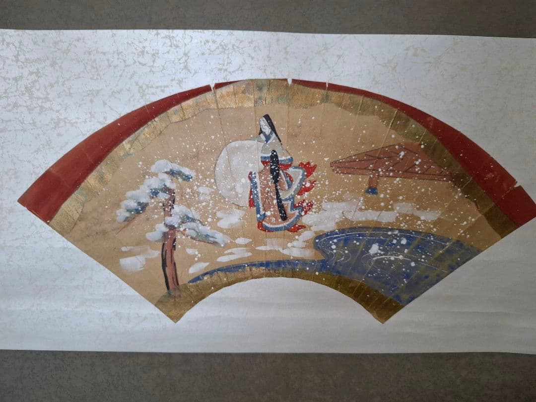 冬のお茶席床飾り　掛け軸　宮女雪達磨之図　扇面日本画　木箱なし