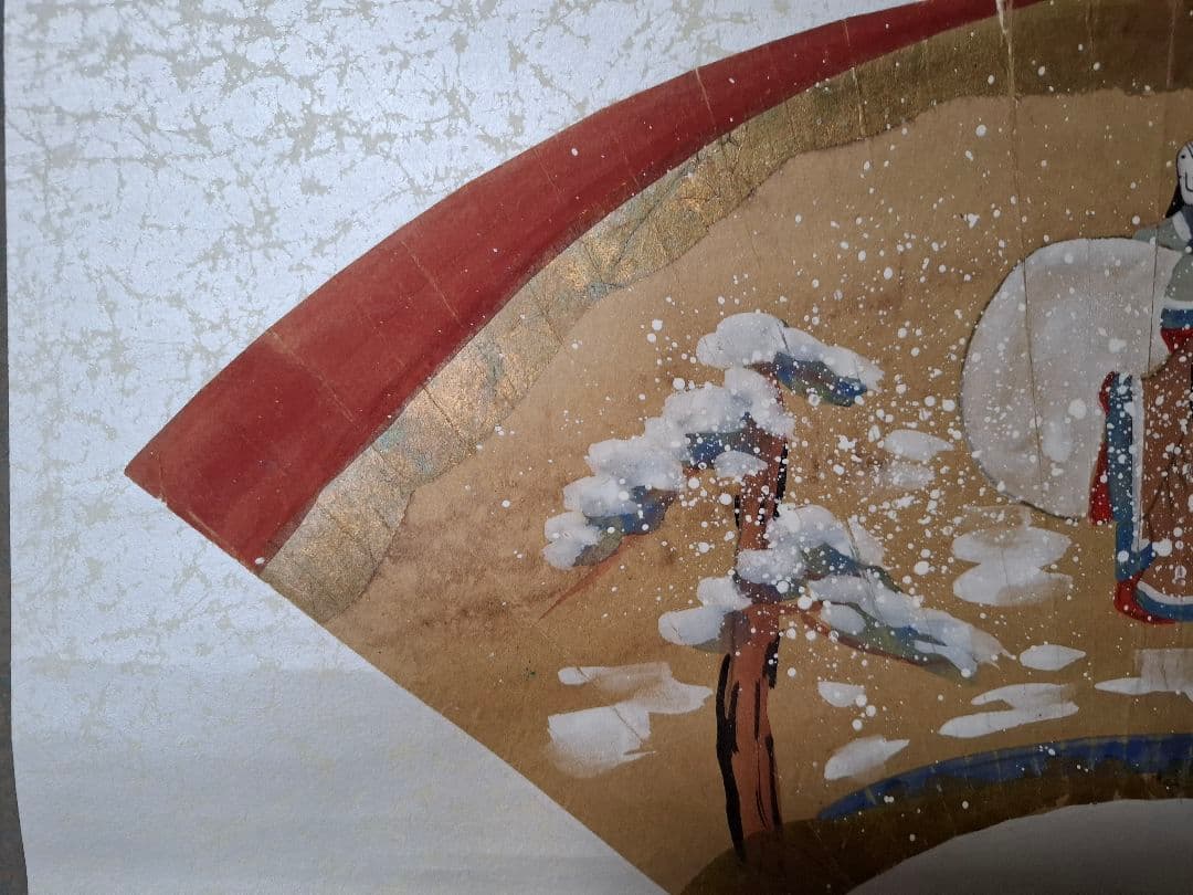 冬のお茶席床飾り　掛け軸　宮女雪達磨之図　扇面日本画　木箱なし