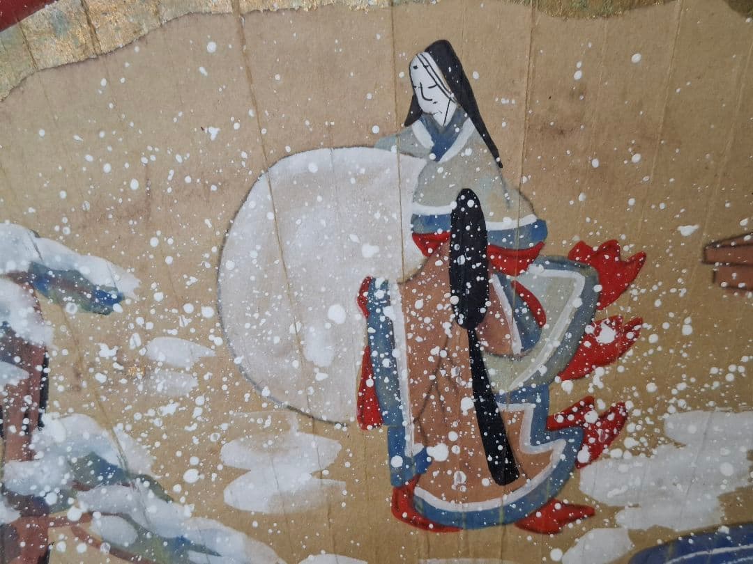 冬のお茶席床飾り　掛け軸　宮女雪達磨之図　扇面日本画　木箱なし