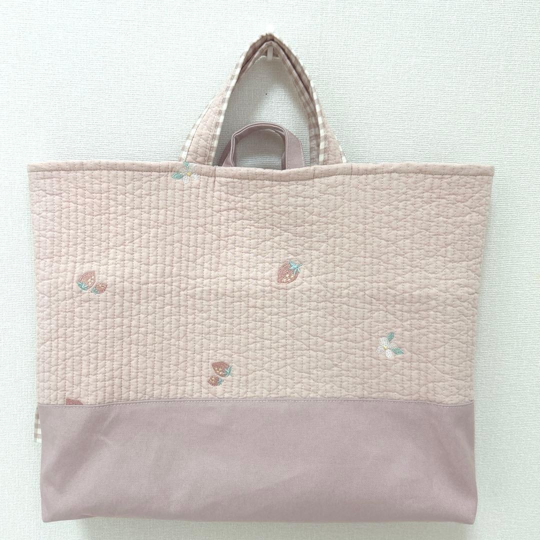 入園入学3点セット　【いちごピンクヌビ×くすみピンクチェック】　女の子　手提げ