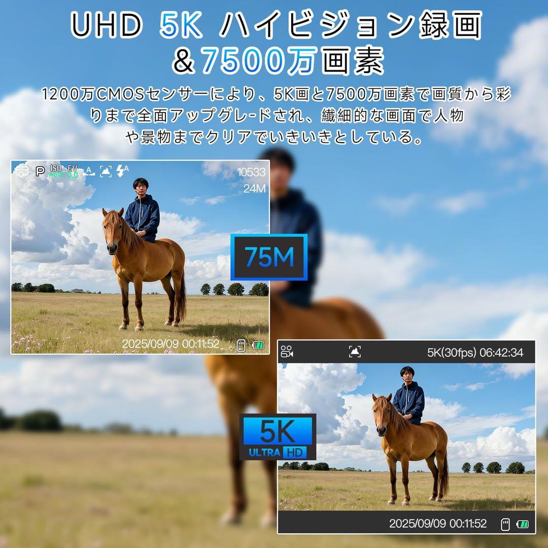 5Kデジタルカメラ　18倍ズーム180°回転スクリーン 手ぶれ補正 初心者