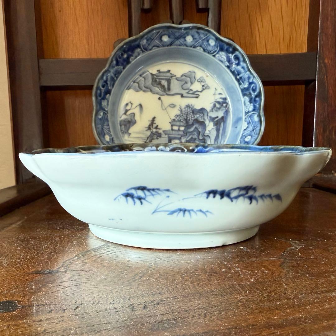 幕末古伊万里染付山水図中皿膾皿　角福銘