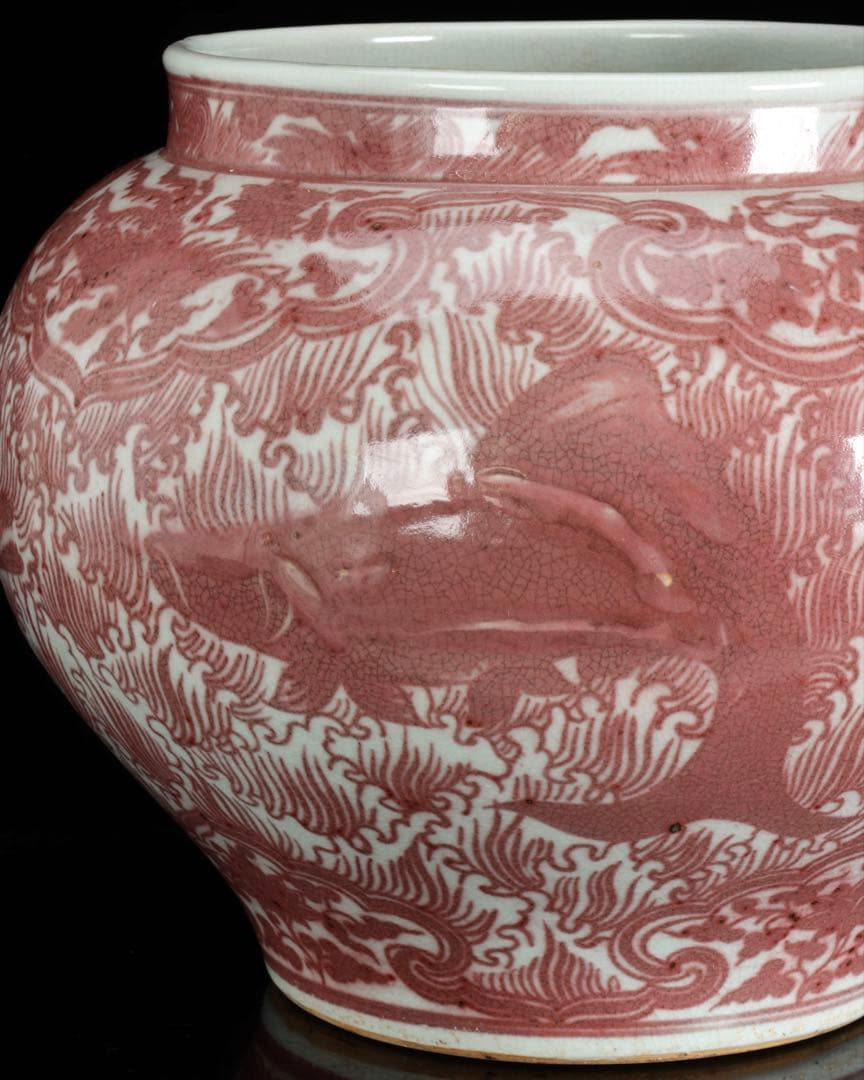 中国古玩 釉裏紅魚藻文大壺 高30cm 大型瓶 花器 壺 古陶磁 古美術 飾壺