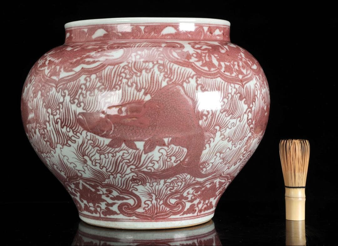 中国古玩 釉裏紅魚藻文大壺 高30cm 大型瓶 花器 壺 古陶磁 古美術 飾壺