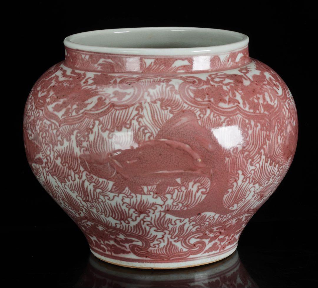 中国古玩 釉裏紅魚藻文大壺 高30cm 大型瓶 花器 壺 古陶磁 古美術 飾壺