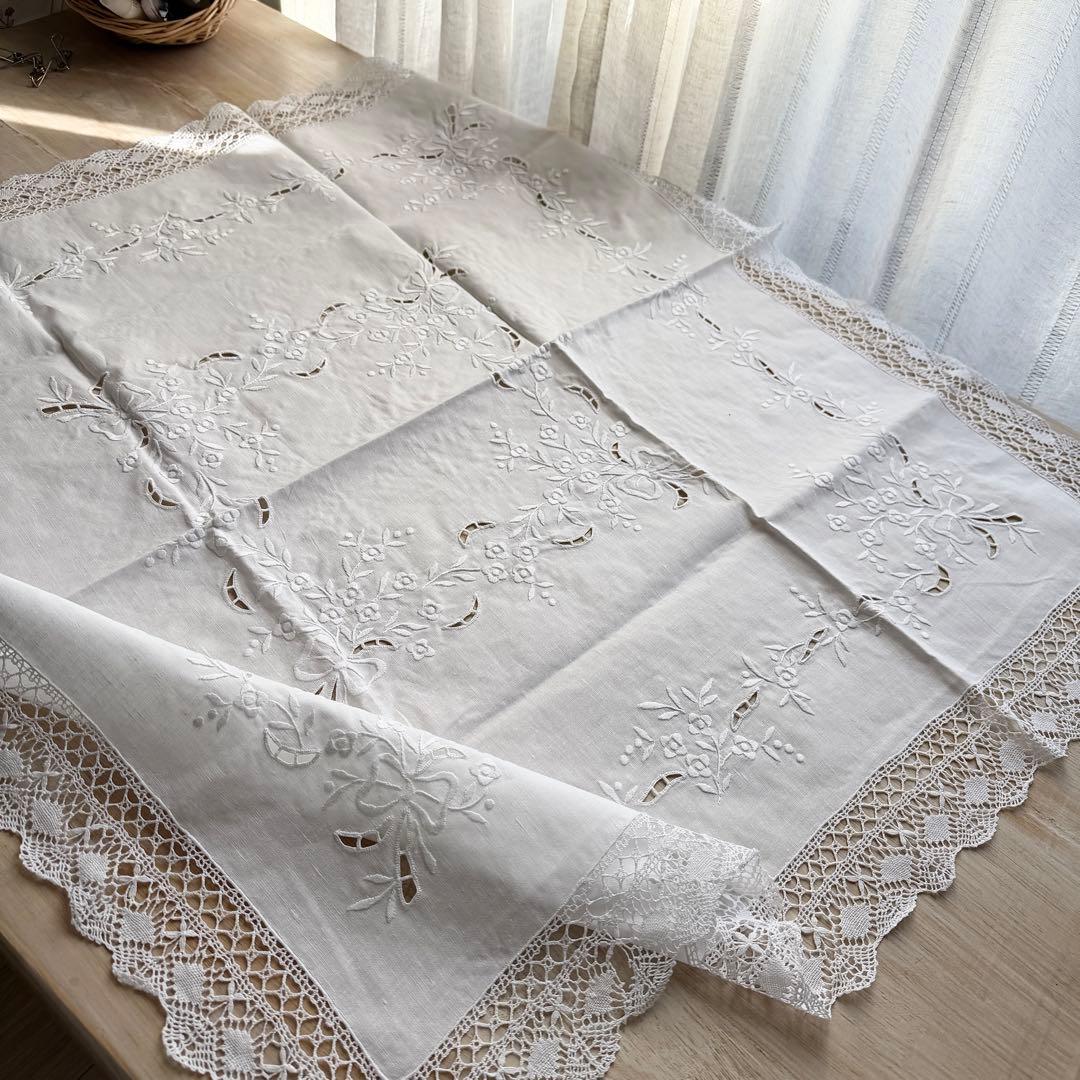 フランスアンティーク風リネン刺繍テーブルクロスカットワークボビンレース
