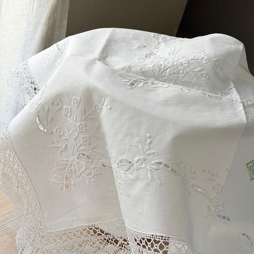 フランスアンティーク風リネン刺繍テーブルクロスカットワークボビンレース