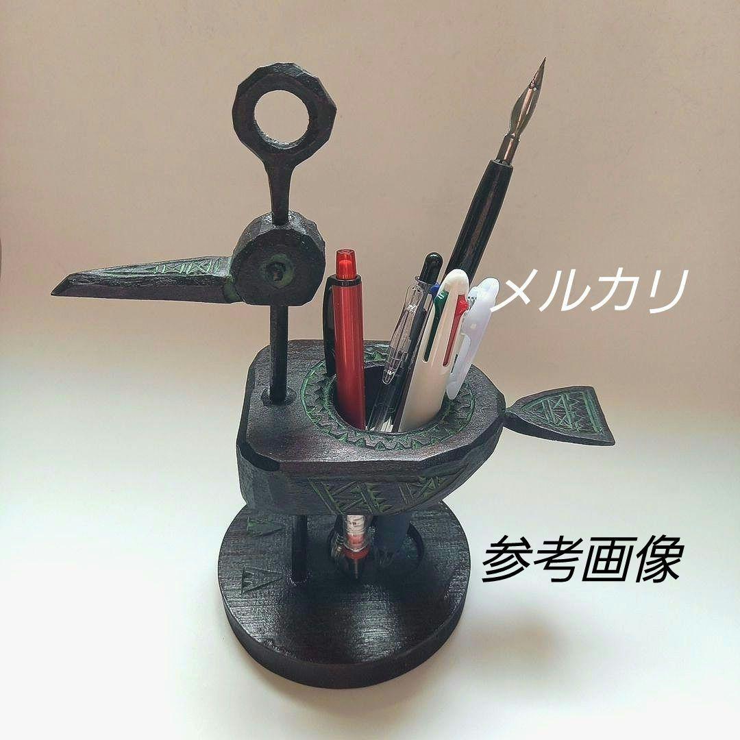 阿部紀男　アイヌ文様　木彫り　ペンスタンド　北海道民芸