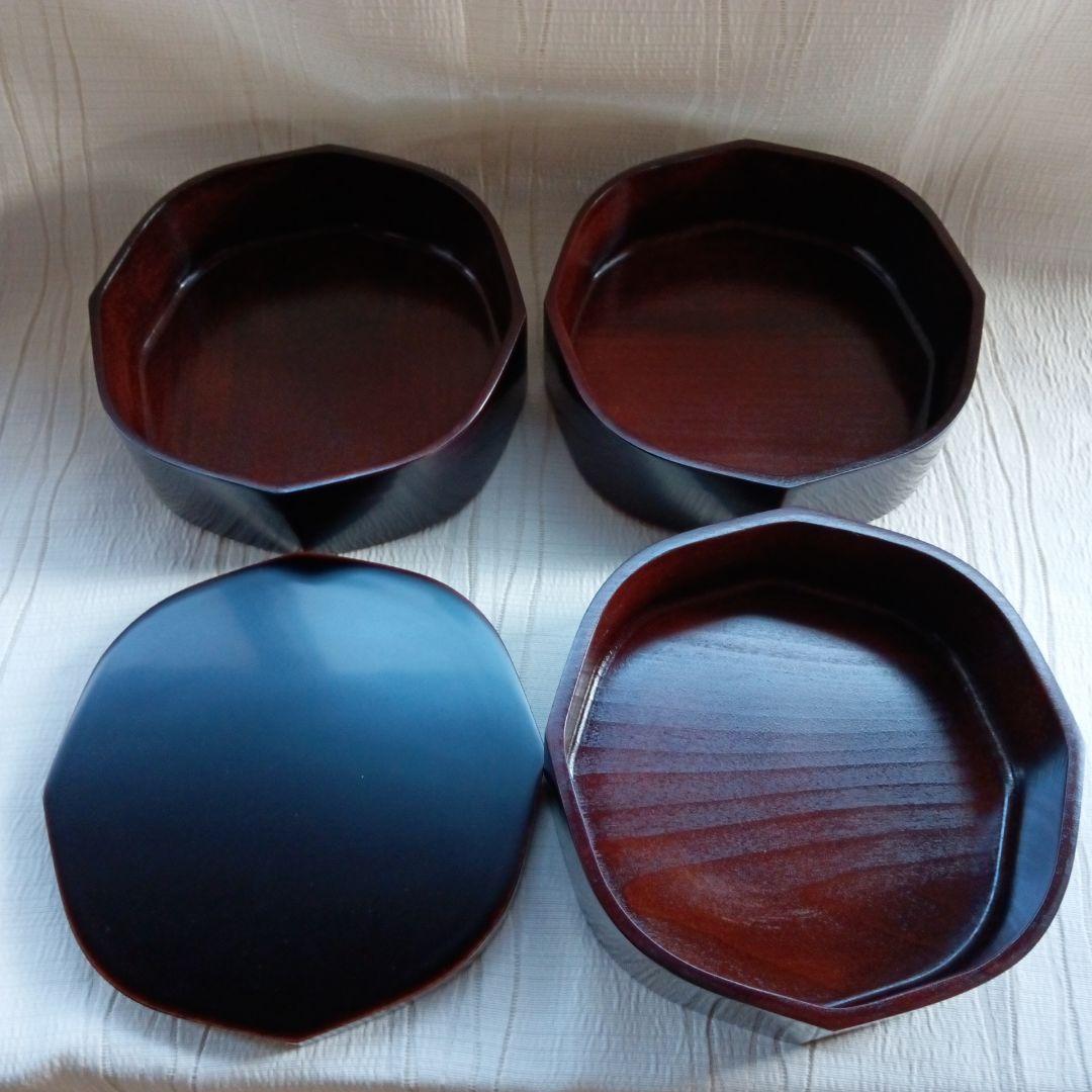 香川漆器・未使用・溜塗三段重箱縁起良い八角形