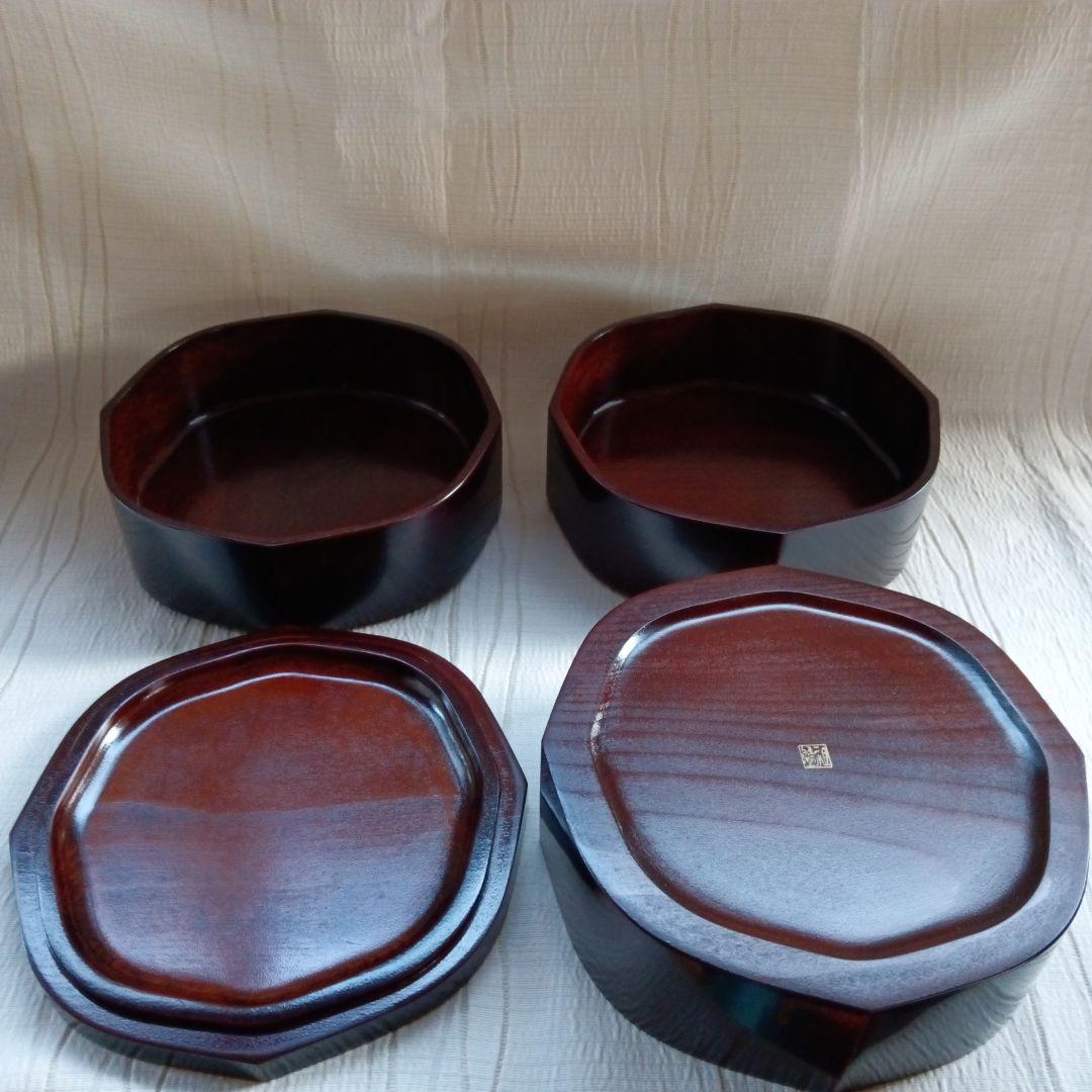 香川漆器・未使用・溜塗三段重箱縁起良い八角形
