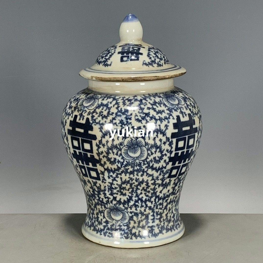 青花喜字缶 磁器 書道具 文房具 現代工芸品 美術品 装飾品