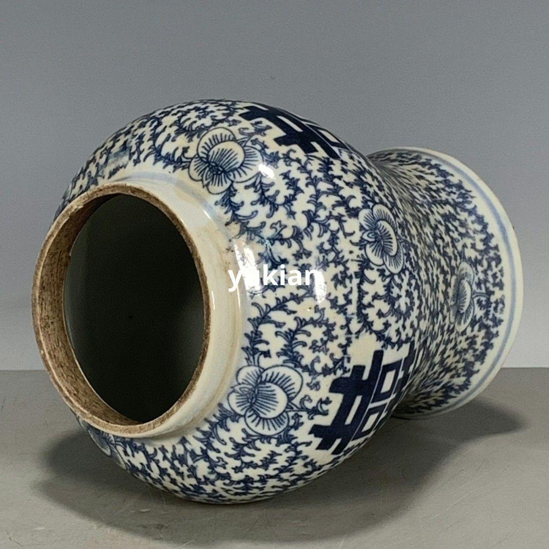 青花喜字缶 磁器 書道具 文房具 現代工芸品 美術品 装飾品