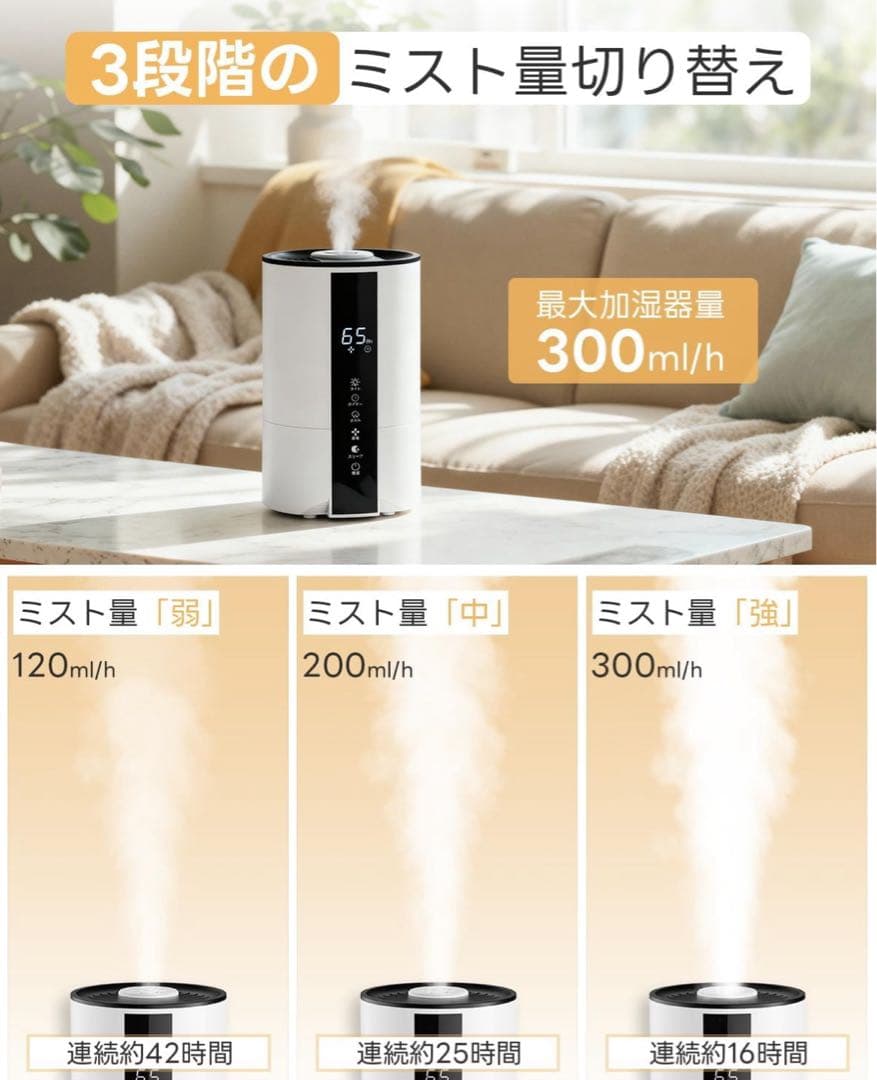 【正規品】加湿器 卓上小型 超音波式 5L大容量 上部給水式 静音設計 タイマー