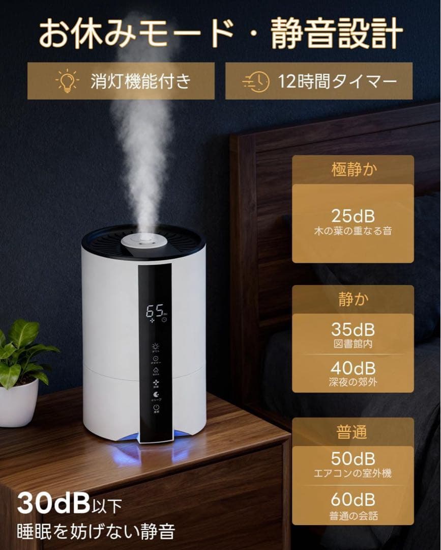【正規品】加湿器 卓上小型 超音波式 5L大容量 上部給水式 静音設計 タイマー