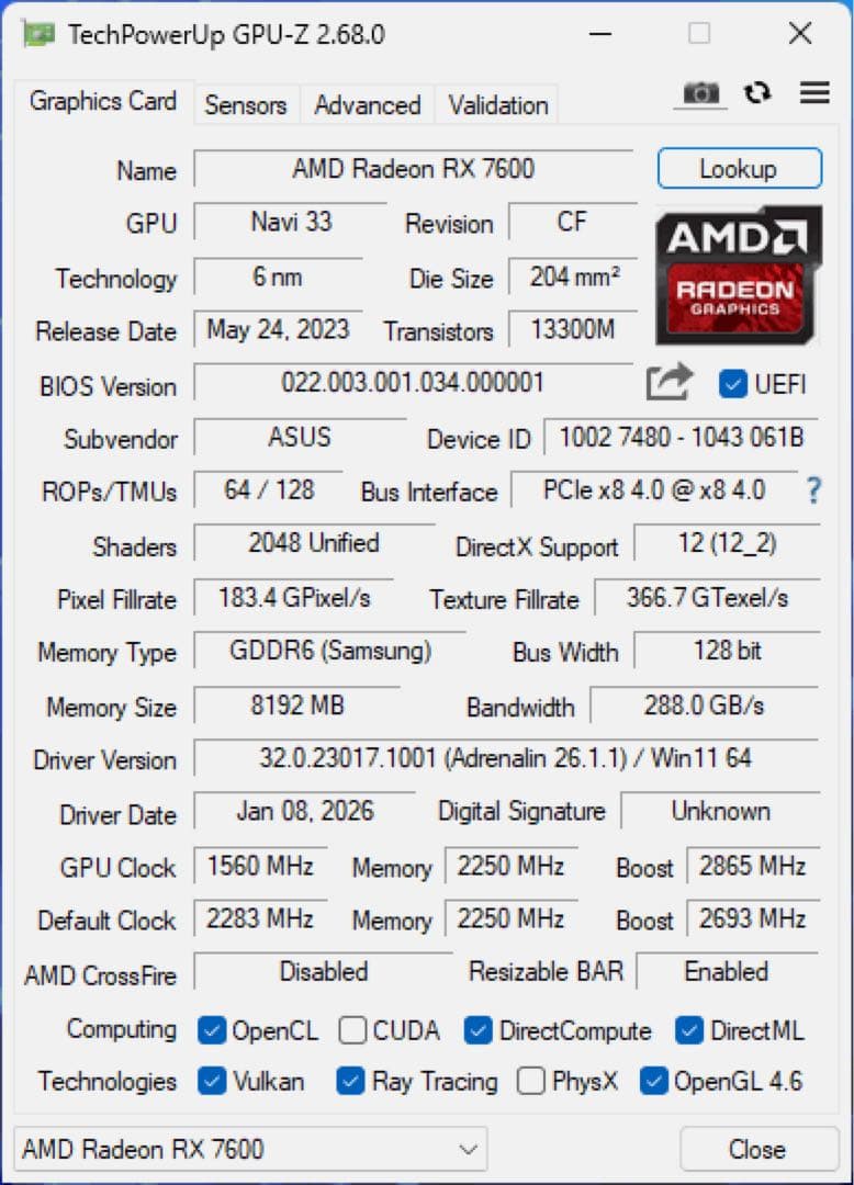動作確認済 ASUS Radeon RX 7600 OC 8GB