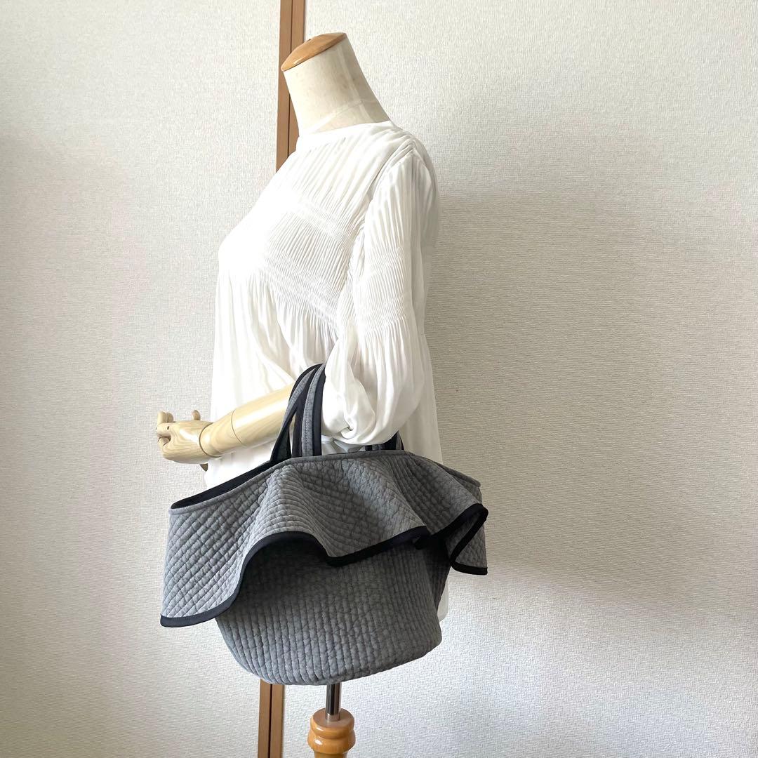 フリル付き丸底マルシェバッグ　ヌビバッグ　グレー　ハンドメイド