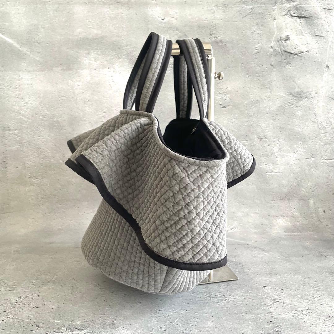 フリル付き丸底マルシェバッグ　ヌビバッグ　グレー　ハンドメイド