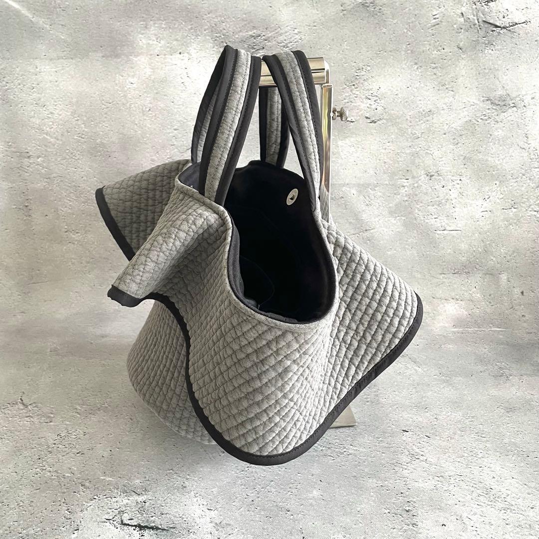 フリル付き丸底マルシェバッグ　ヌビバッグ　グレー　ハンドメイド