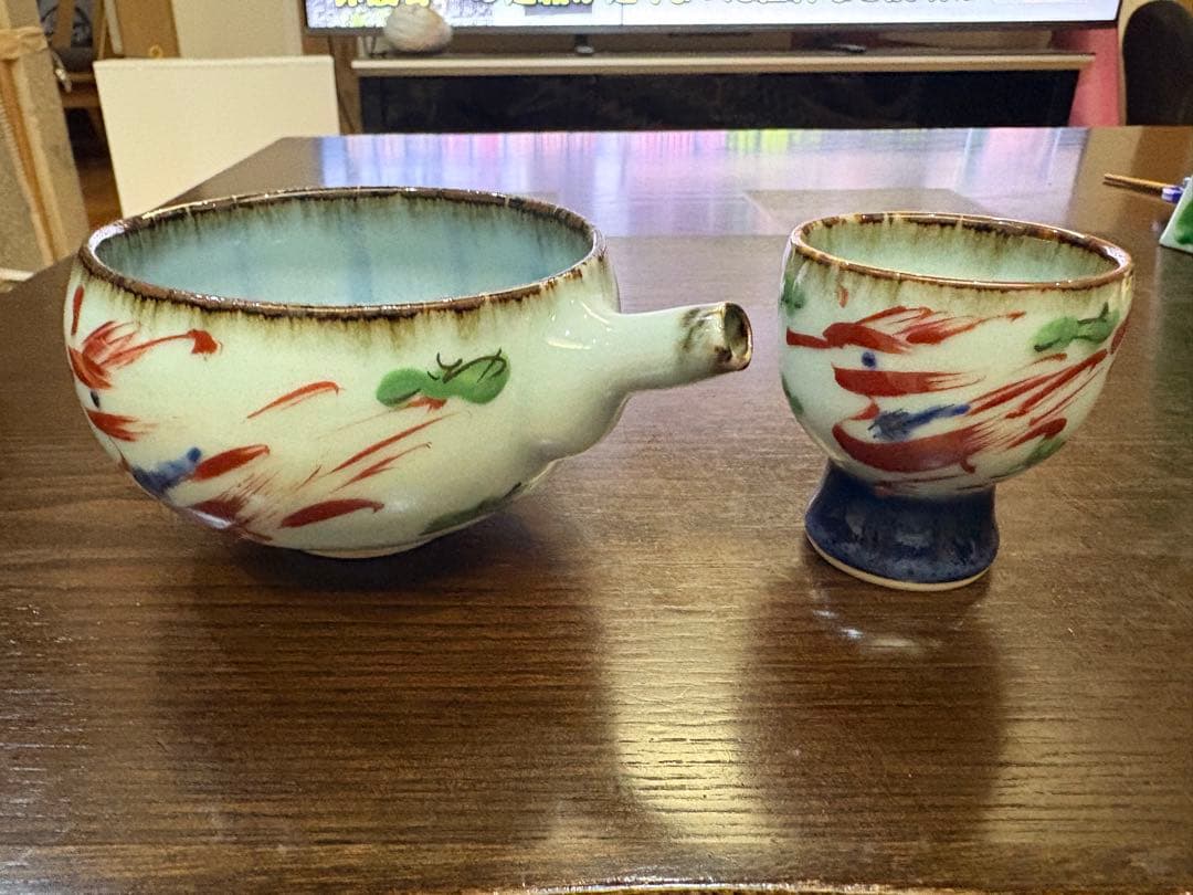 斉山窯　片口　酒器　お猪口セット色鮮やかな持ち手付き茶碗セット