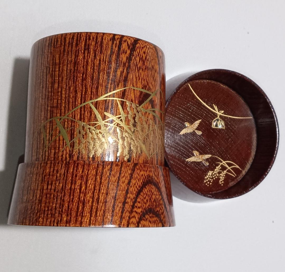 茶道具　越前蒔絵師　中林星山作　摺漆塗稲穂に雀蒔絵杵形茶器　超美品！！