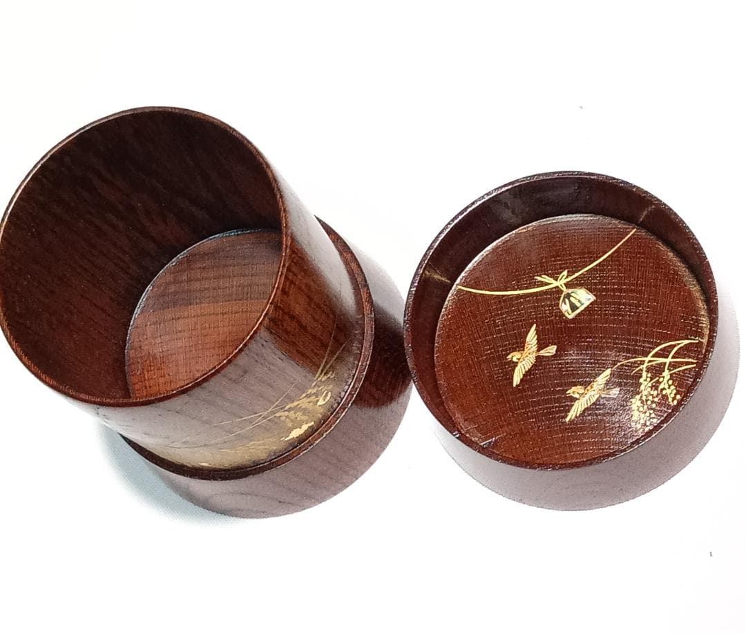 茶道具　越前蒔絵師　中林星山作　摺漆塗稲穂に雀蒔絵杵形茶器　超美品！！