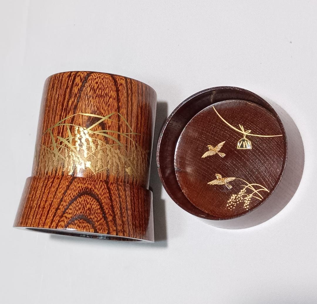 茶道具　越前蒔絵師　中林星山作　摺漆塗稲穂に雀蒔絵杵形茶器　超美品！！