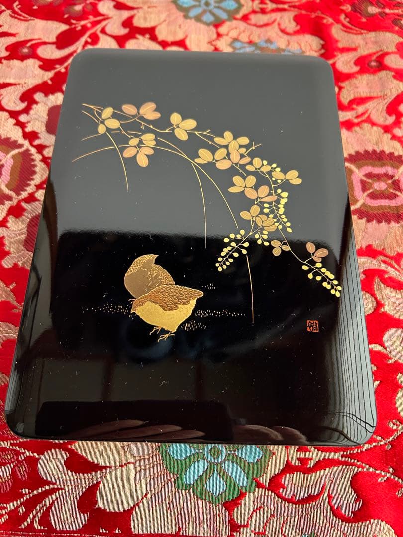 (高級品)会津塗り文箱　天然木　漆器金彩　萩とうずら