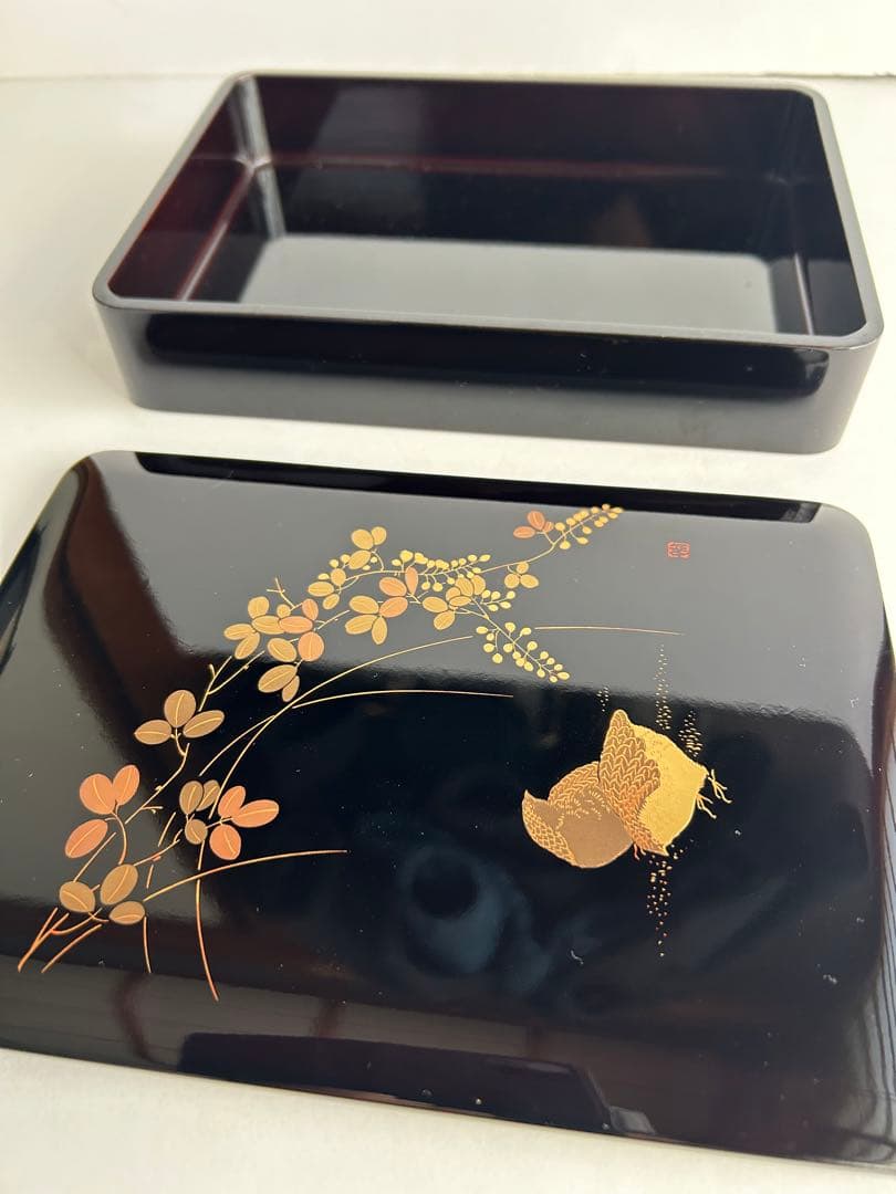 (高級品)会津塗り文箱　天然木　漆器金彩　萩とうずら