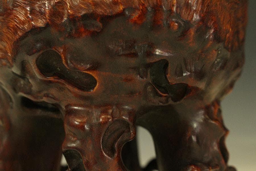 中国美術 奇木 朱石刻 霊芝 摘 稚龍 香炉 高24cm(LC588)