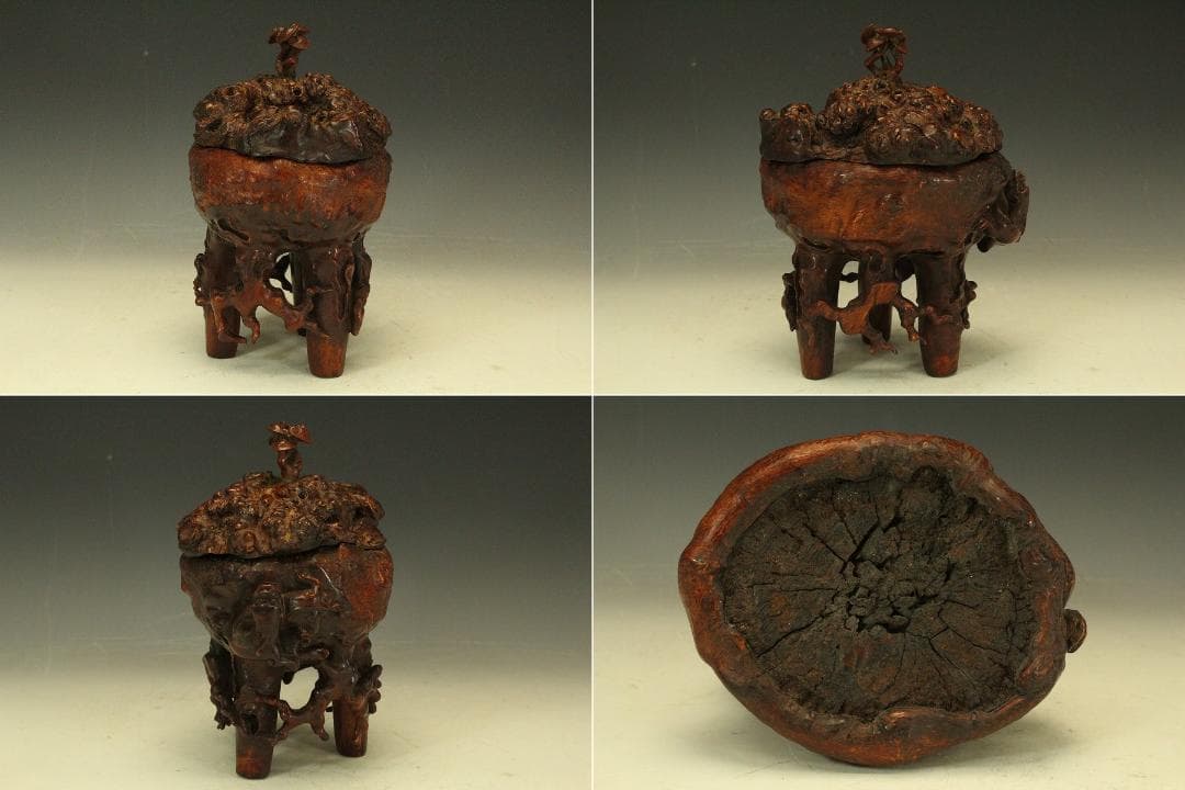 中国美術 奇木 朱石刻 霊芝 摘 稚龍 香炉 高24cm(LC588)
