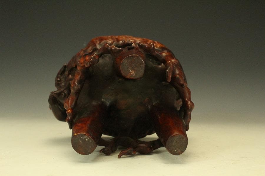 中国美術 奇木 朱石刻 霊芝 摘 稚龍 香炉 高24cm(LC588)