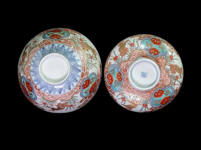 古伊万里　金襴手　青海波に菖蒲　獅子の図　蓋茶碗　E808AS-DCp