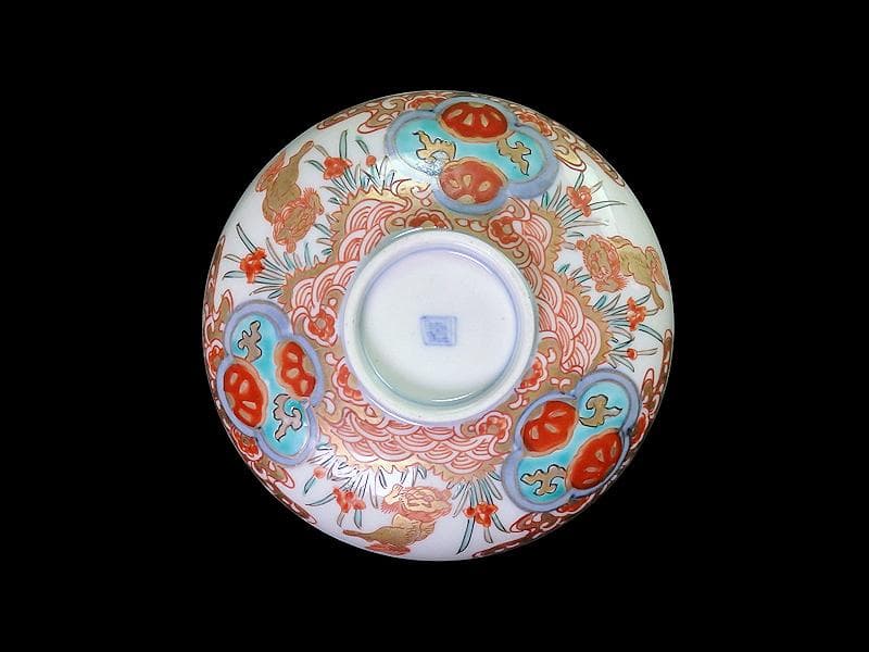 古伊万里　金襴手　青海波に菖蒲　獅子の図　蓋茶碗　E808AS-DCp