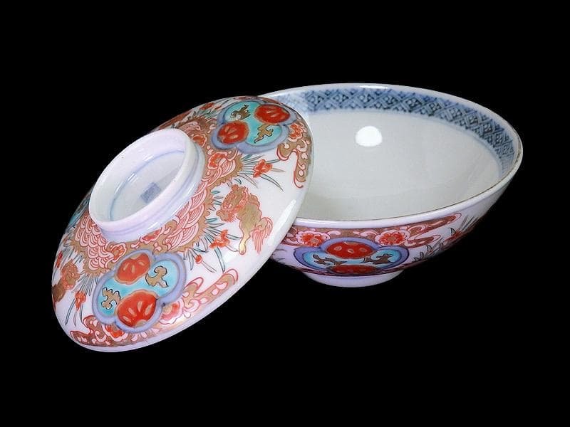 古伊万里　金襴手　青海波に菖蒲　獅子の図　蓋茶碗　E808AS-DCp