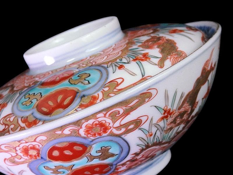 古伊万里　金襴手　青海波に菖蒲　獅子の図　蓋茶碗　E808AS-DCp