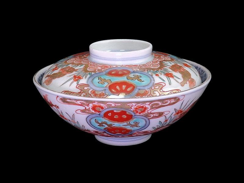 古伊万里　金襴手　青海波に菖蒲　獅子の図　蓋茶碗　E808AS-DCp