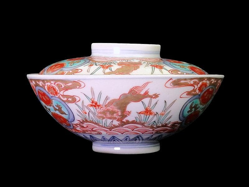 古伊万里　金襴手　青海波に菖蒲　獅子の図　蓋茶碗　E808AS-DCp