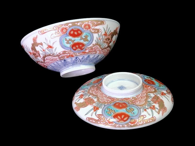 古伊万里　金襴手　青海波に菖蒲　獅子の図　蓋茶碗　E808AS-DCp